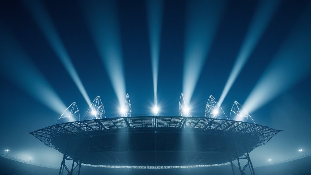 Tháp đèn chiếu sáng sân vận động Champions League về đêm